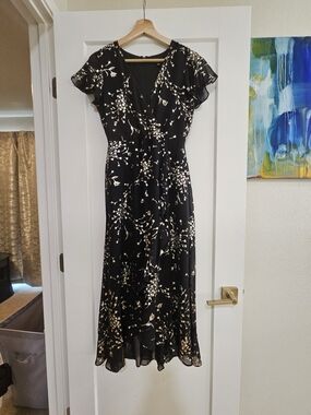 Kensie Black Midi Dress with Cream Floral Print